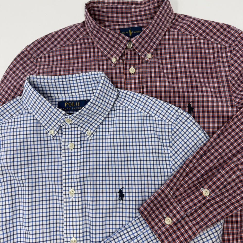 Polo Ralph‎ Lauren Boys Bundle Plaid Button Down Shirts Blue Red Large 14-16